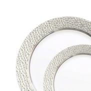 White with Silver Hammered Rim Plastic Dinnerware Value Set