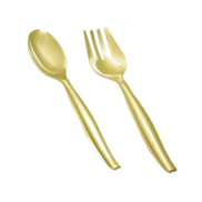 Gold Disposable Plastic Serving Flatware Set - 5 Serving Spoons and 5 Serving Forks