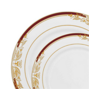 White with Burgundy and Gold Harmony Rim Plastic Dinnerware Value Set