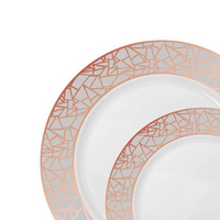 White with Silver and Rose Gold Mosaic Rim Round Plastic Dinnerware Value Set