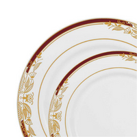 White with Burgundy and Gold Harmony Rim Plastic Dinnerware Value Set